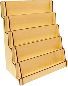 Detailed side view of 5-tier wooden display stand with natural finish and dark edges