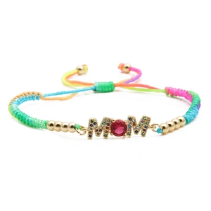 Rainbow woven MOM bracelet with gold beads and a red zircon centerpiece charm