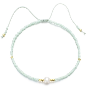 Bohemian light green seed bead anklet with natural pearl and adjustable woven cord