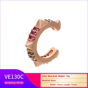 Detail of rose gold brass ear cuff with colorful cubic zirconia and dimensions