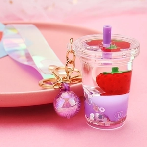 Strawberry Milk Tea Cup Quicksand Keychain Acrylic Floating Fruit Liquid Bag Pendant With Holographic Strap