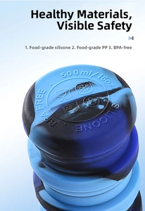 Detail of 500ml silicone bottle base showing food-grade, BPA-free and dishwasher safe icons