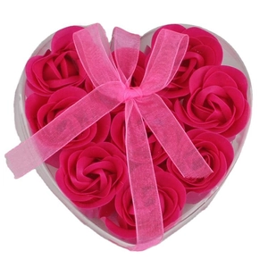 Heart-shaped gift box with nine pink soap roses and a matching ribbon bow