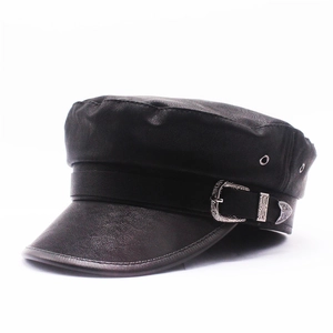 Vintage PU Leather Newsboy Cap Women Flat Top Navy Hat With Retro Silver Buckle British Style Octagonal Baker Boy Hat