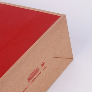 Detail of red and kraft paper shopping bag showing 100% recyclable logo and barcode