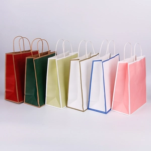 Row of colorful kraft paper gift bags with twisted handles on white background