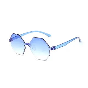 Frameless ocean blue sunglasses with gradient wave lenses and translucent temples