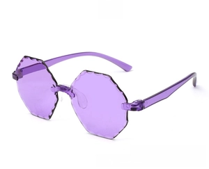 Close-up of frameless purple sunglasses with unique scalloped wave edge and matching arms