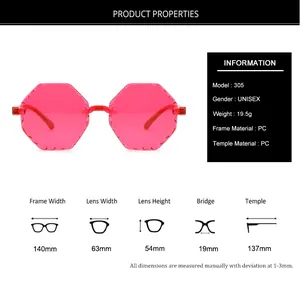 Sunglasses size chart showing 140mm frame width and PC material details for model 305