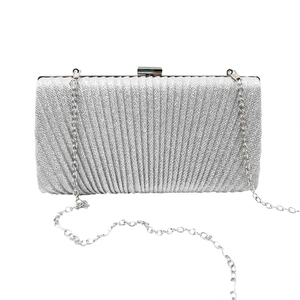 Silver pleated glitter evening clutch bag with metal chain strap for women