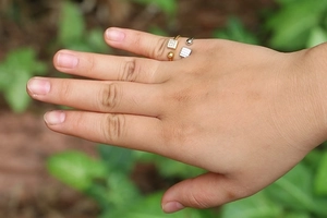Golden micro-pave zircon open ring with rectangle and ball design on finger
