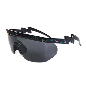 Retro oversized shield sunglasses with colorful paint dots and lightning-shaped temples
