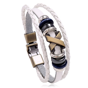 Minimalist layered white leather bracelet with beaded metal rings and X stud accent