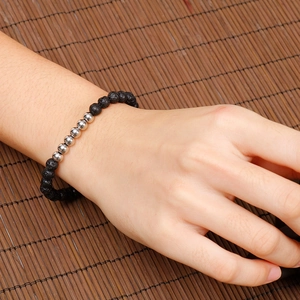 Natural black volcanic lava stone beaded bracelet with polished silver metal steel beads