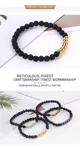 Detail view of 8mm black volcanic lava stone bracelets with diverse metal spacer beads