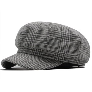Classic houndstooth newsboy cap for women in grey plaid wool blend autumn winter style