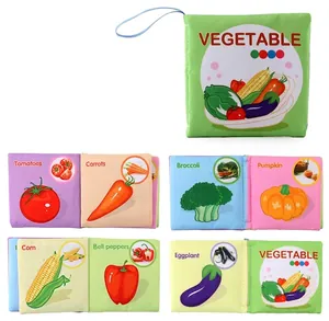 Detailed views of soft vegetable baby cloth book with English names and hanging loop