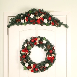 Christmas door wreath and garland set with cotton, pine cones, and red gold bows