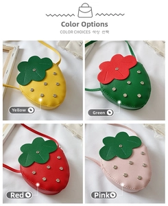 Collage of four strawberry-shaped kids crossbody bags in pink, red, green and yellow