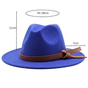 Detailed size chart for blue wool felt fedora hat featuring 56-58cm head circumference