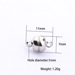 Silver plated magnetic clasp for DIY jewelry showing 11mm length and 7mm width dimensions