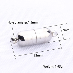Silver capsule magnetic clasp for jewelry DIY, 22mm length with 1.5mm hole size