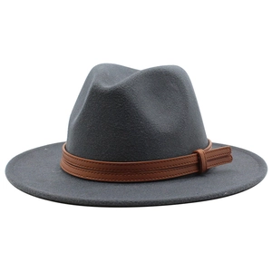 Close-up of the dark grey wool fedora featuring a brown faux leather belt and stitching
