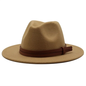 Classic camel wool fedora hat with wide brim and brown leather decorative band