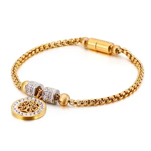 Tree Of Life Bracelet For Women Stainless Steel Rhinestone Round Hollow Pendant Magnetic Clasp Elegant Fashion Jewelry