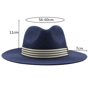 Navy blue fedora straw hat with striped ribbon for summer outdoor sun protection