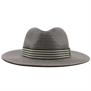 Detailed view of grey straw fedora hat featuring a stylish striped grosgrain ribbon trim