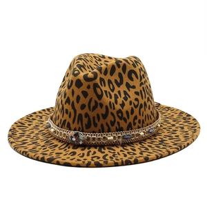 Leopard print wide brim wool fedora hat with ethnic bead and gold chain band