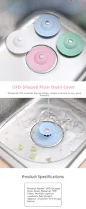 Detailed view of UFO-shaped TPR floor drain covers in four colors for sink filtering