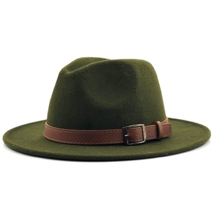 Classic dark green wool fedora hat with brown leather band and silver buckle on white background