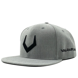 Gray flat brim snapback hat with black V embroidery and Valourian side text detail