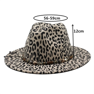 Leopard print wool fedora hat with vintage beaded band and 8cm wide brim for men and women