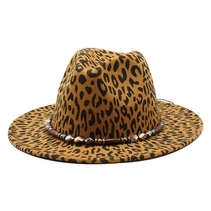 Classic leopard print fedora hat with wool feel and bohemian beaded decorative band
