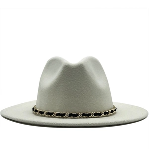 Classic white wool fedora hat for women with elegant gold chain band decoration