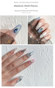 Macro detail of ultra-thin natural abalone shell flakes with iridescent nail art decor