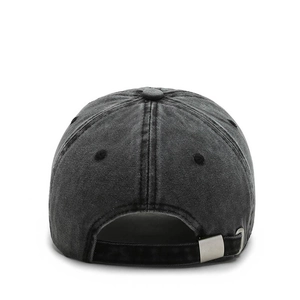 Men's washed denim baseball cap in smoke grey featuring an adjustable metal back buckle