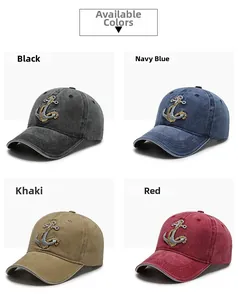 Detail view of washed cotton baseball caps with embroidered anchor logos in four colors