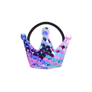 Glitter crown hair tie with blue and purple sequins and elastic black rubber band