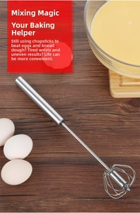 Macro view of semi-automatic stainless steel whisk on a wooden desk with eggs and bowl