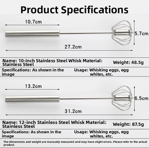 Size comparison showing 10 and 12 inch semi-automatic stainless steel egg whisks with weights