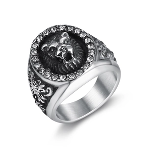 Vintage stainless steel lion head ring for men with clear zircon stones in silver