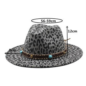 Gray leopard print fedora wool hat with bohemian beaded band and wide brim for unisex