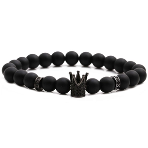 Matte black stone beaded bracelet for men featuring a micro-pave black zircon crown charm