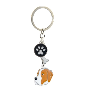 Detailed metal pet keychain featuring a beagle dog charm, bone, and white paw print disc