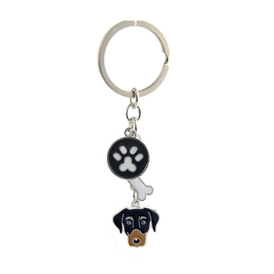 Detail of silver metal keychain with three charms featuring dog paw, bone, and head