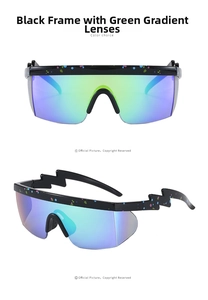 Detail of lightning-shaped temples and green-purple gradient lenses on sports sunglasses
